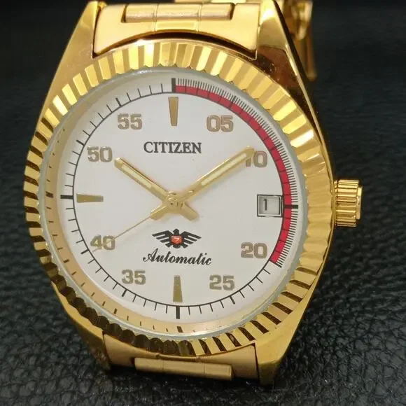 Vintage 1974 Citizen Automatic Mens Gold Watch W/daydate & Red accents - Picture 3 of 8